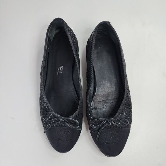 Chanel Glitter Tweed Ballet Flats Black Grosgrain Cap Toe Bow 37 Made in Italy - Picture 2 of 16